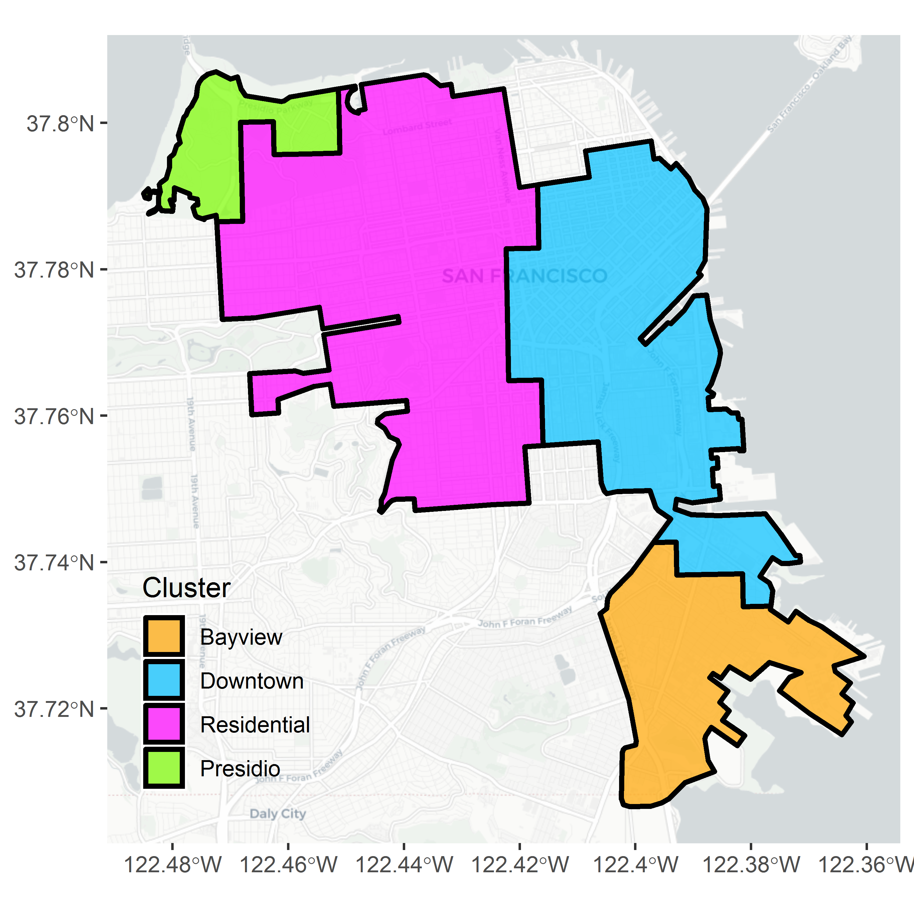 a) cluster outlines; b) model point locations
