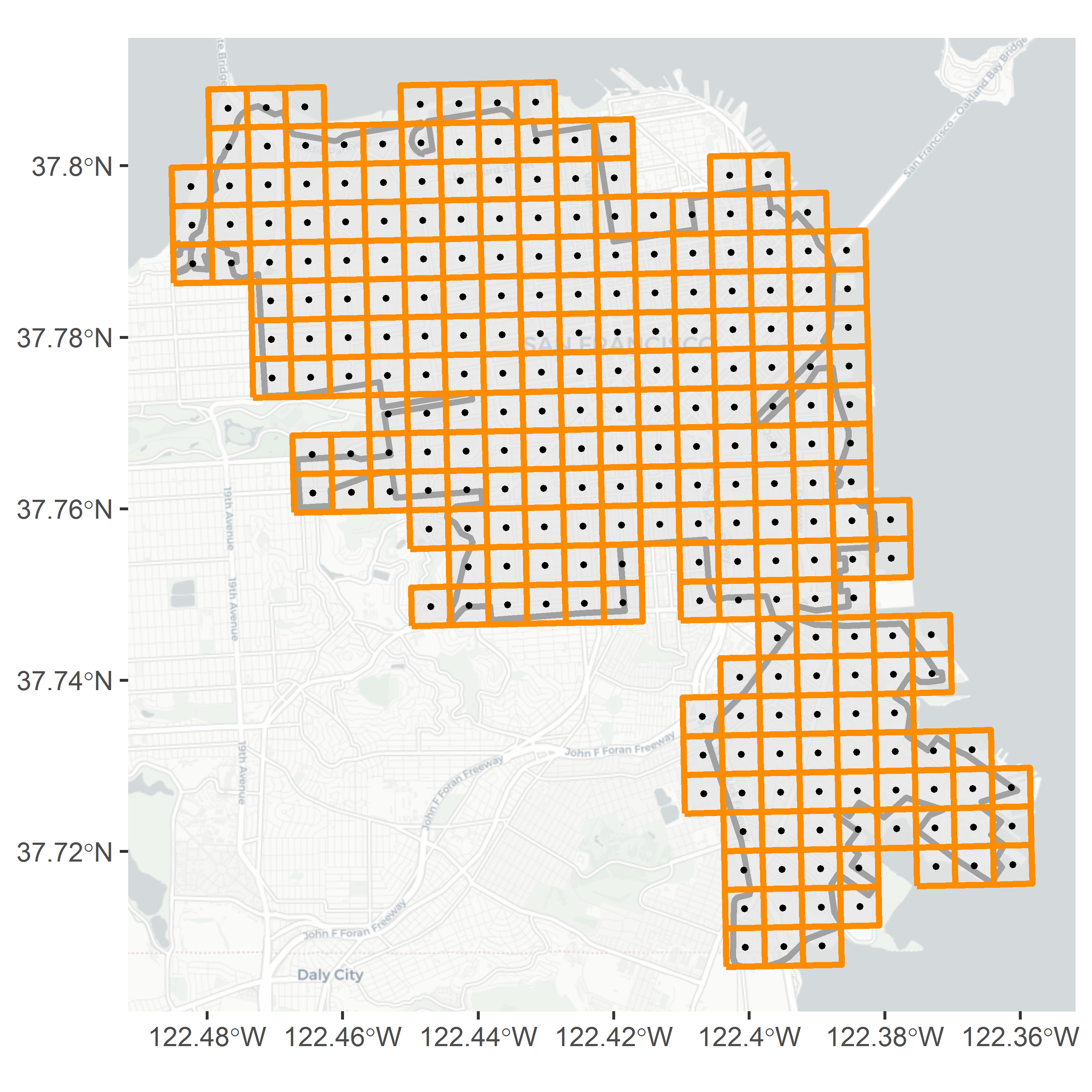 a) grid overlaying the system area; b) number of pick-ups per grid cell