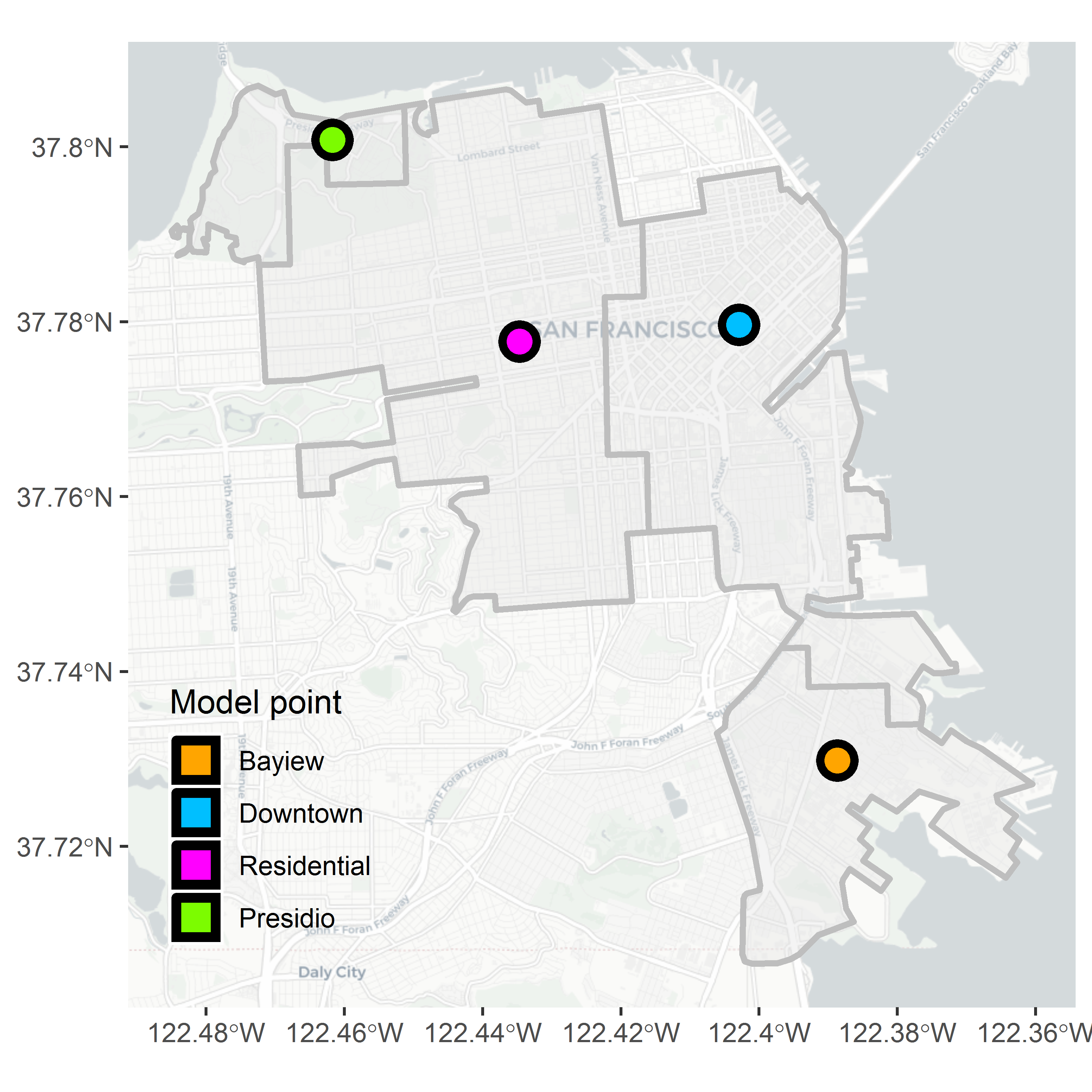 a) cluster outlines; b) model point locations