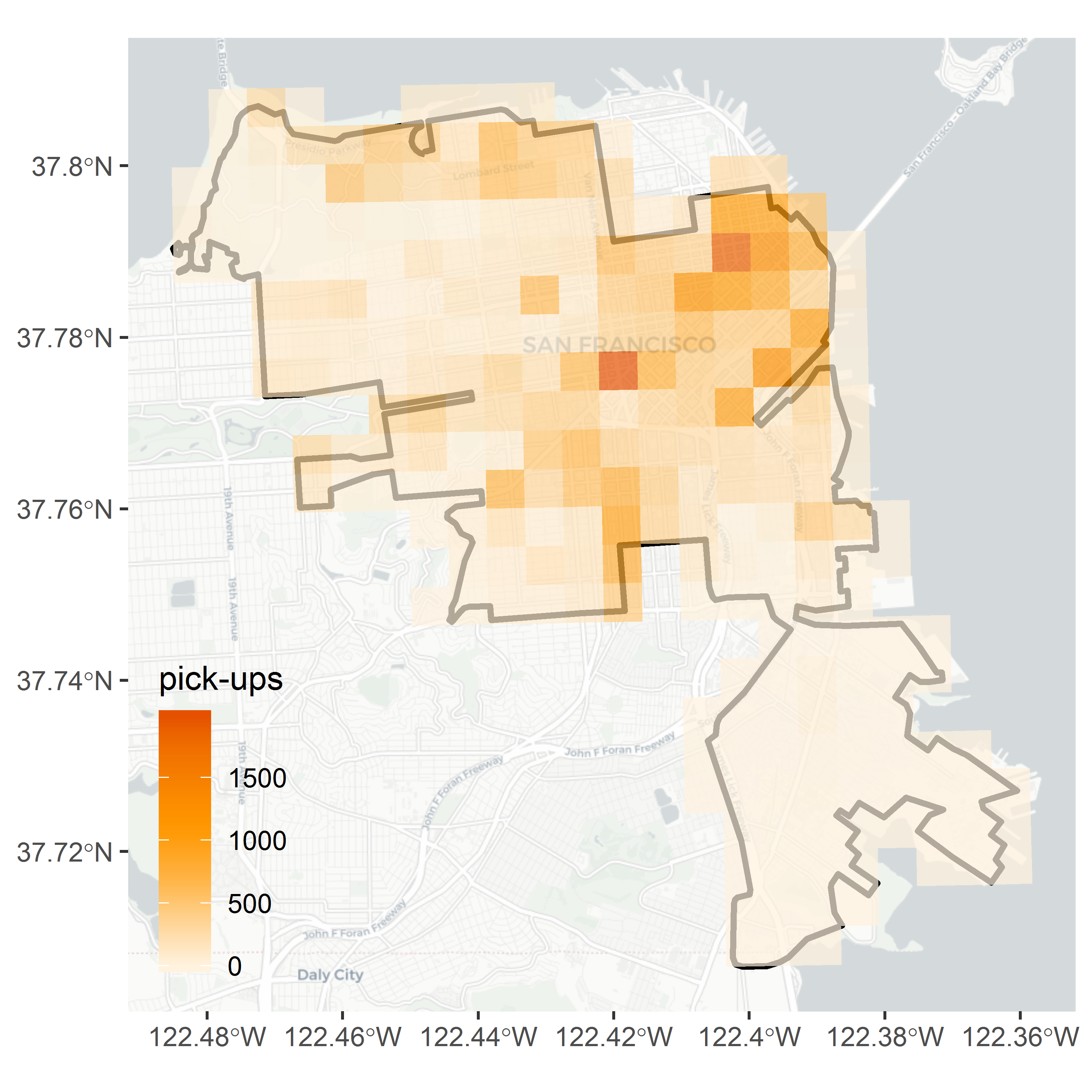 a) grid overlaying the system area; b) number of pick-ups per grid cell